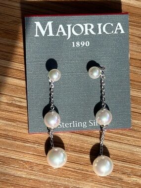 Majorica Sterling Silver 3 Pearl Drop Earrings - White Pearlescent